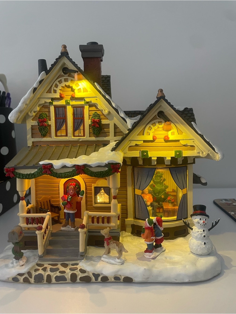 Lemax Yellow Light-Up Snowy Christmas Cottage with Figures